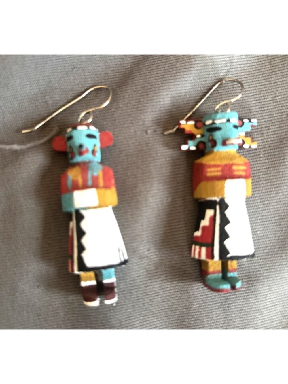 Vintage Hand Painted Wood Kachina Doll Drop Dangle Earrings Southwestern Folk